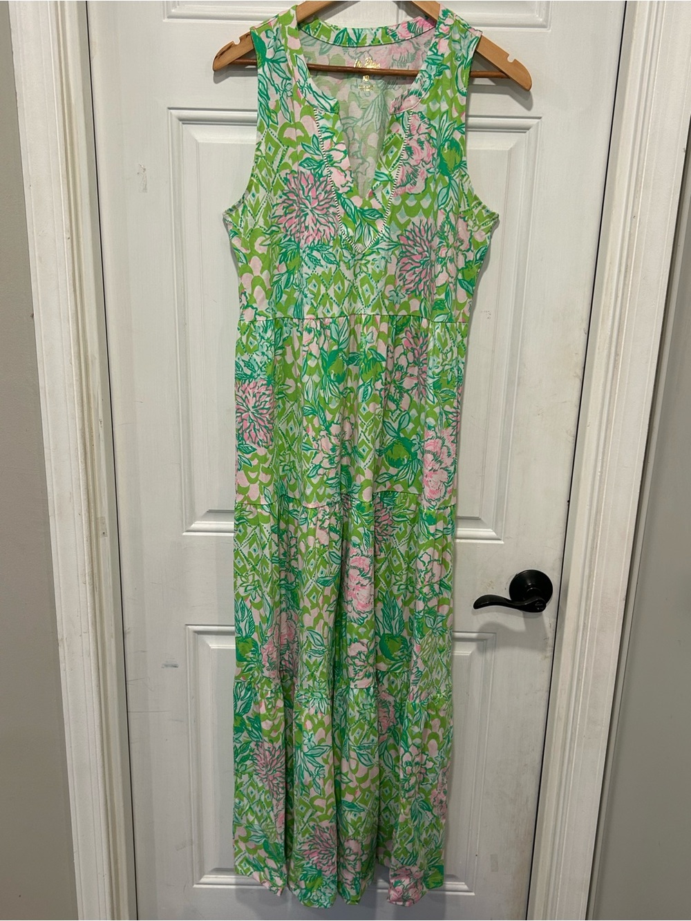 Lilly Pulitzer Sydnee Maxi Dress in Fauna Green Lime Feeling Good Pima Cotton M